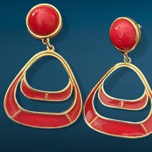 Vintage DARIA Red and Gold Enamel Earrings Large Dangle Drop Signed 1980s